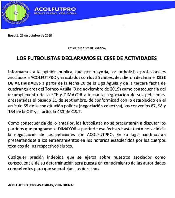 Este es el comunicado de Asocolfutpro.