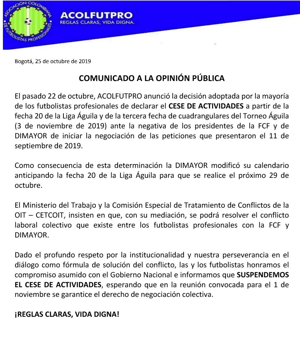 Comunicado de Acolfutpro.