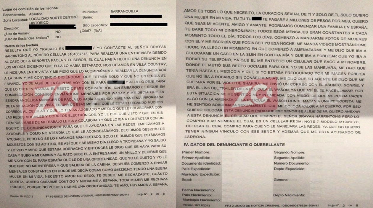 La denuncia que interpuso la periodista en contra de Brian Harrington.