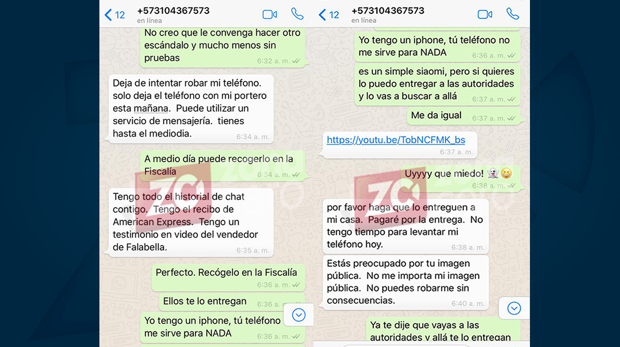 Los chats que proporcionó la periodista a Zona Cero, en donde la está intimidando con el tema del celular.