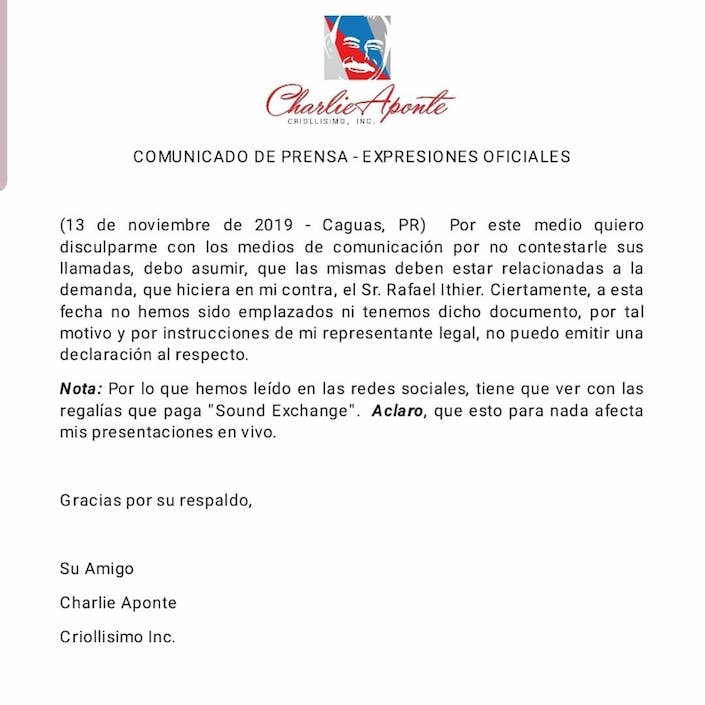 El comunicado de Charlie Aponte.