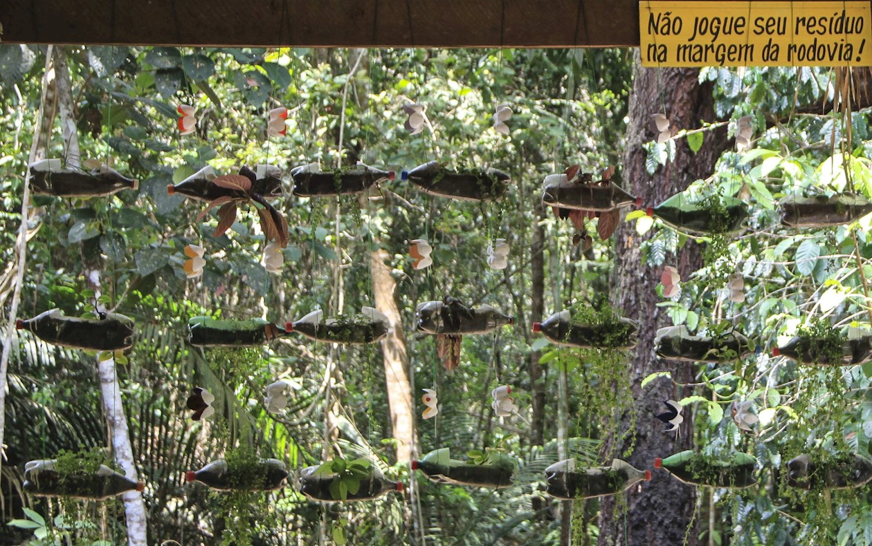 Botellas reciclables adornan la escuela inmersa en la selva amazónica.