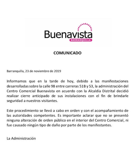 Comunicado del centro comercial Buenavista.