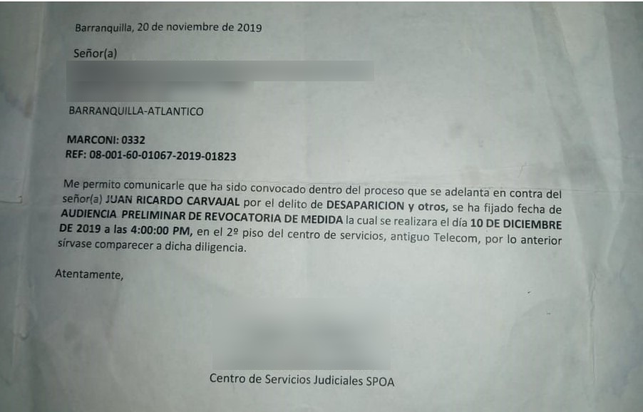 Citación a la audiencia de solicitud de revocatoria de medida a favor de 'El diablo'.