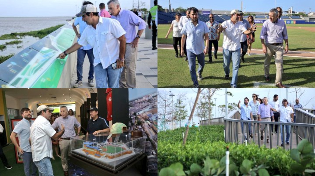 El Alcalde de Barranquilla, Alejandro Char; el mandatario electo, Jaime Pumarejo y el Embajador de Estados Unidos en Colombia, Philip Goldberg, durante el recorrido en el estadio Édgar Rentería y el Gran Malecón del Río.