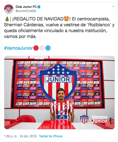 Sherman Cardenas es nuevo jugador oficialmente del Junior de Barranquilla.