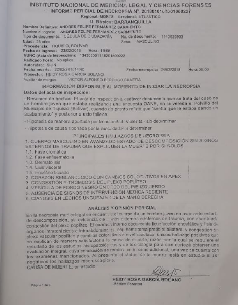 El informe pericial de la necropsia indica que la causa de su muerte sigue en estudio.