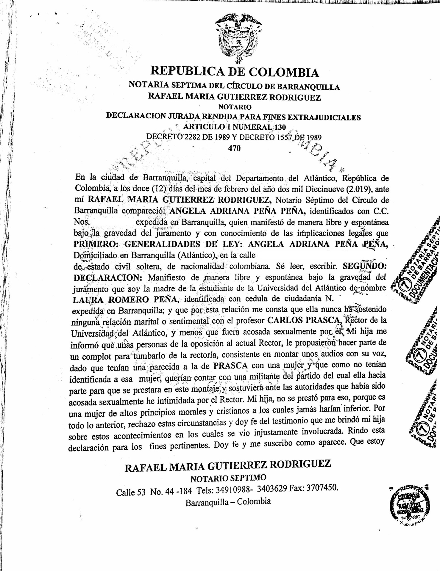 Declaración jurada de Laura Romero Peña y su madre, Angela Adriana Peña