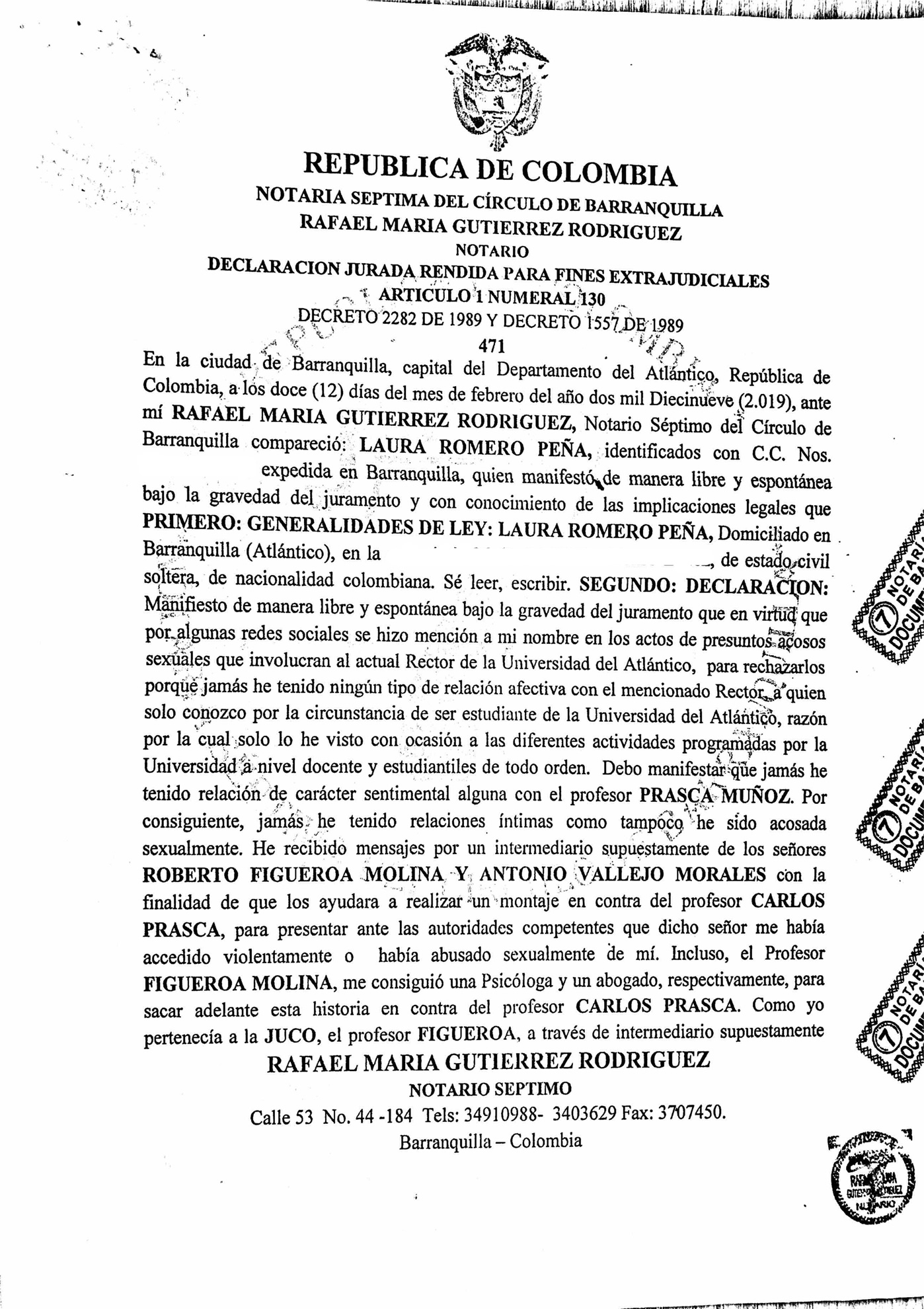 Declaración jurada de Laura Romero Peña y su madre, Angela Adriana Peña