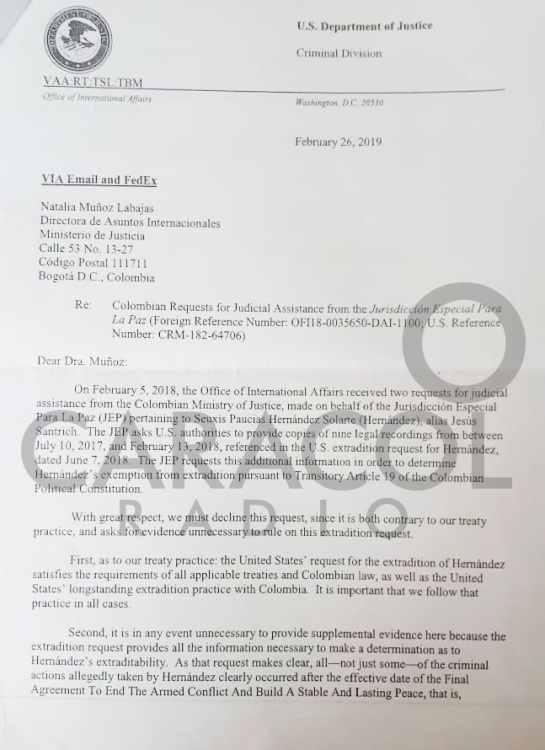 La carta enviada por Estados Unidos del Ministerio de Justicia.