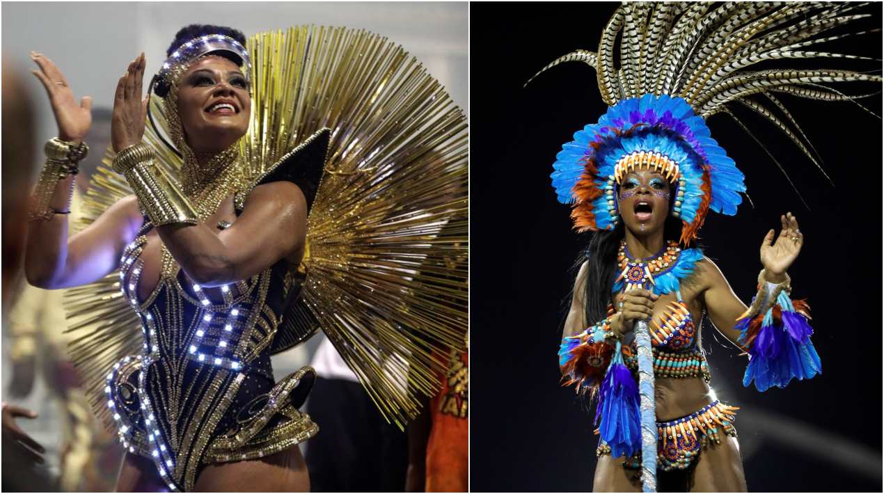  Integrantes de la escuela de samba del Grupo Especial Vai-Vai (izquierda) y una participante de la escuela de samba del Grupo Especial Mocidade Alegre.