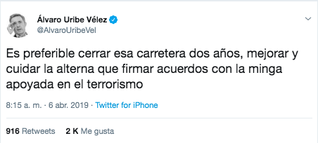 Tuit de Álvaro Uribe sobre el acuerdo de la minga indígena y el gobierno de Duque.