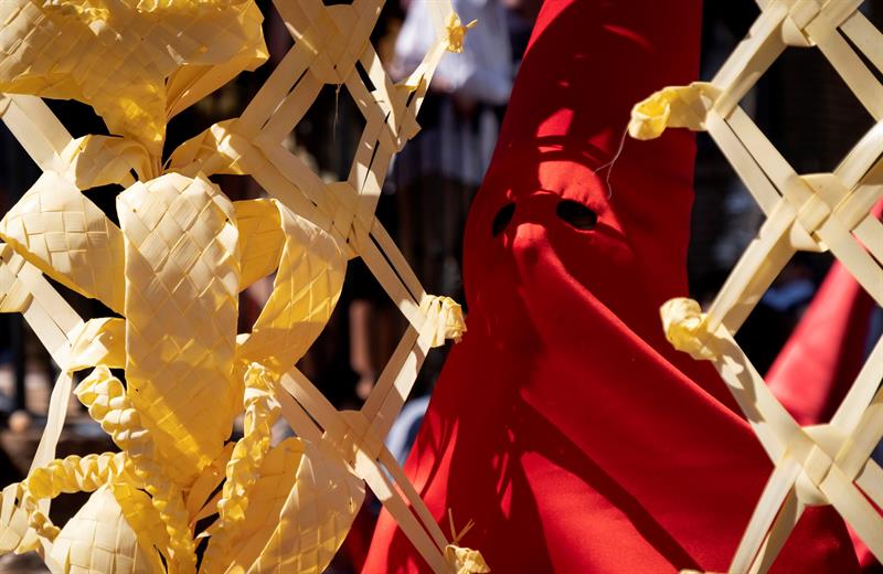 Un penitente de la Hermandad de la Borriquita sale de la Parroquia Mayor de San Pedro de Huelva en la tarde de Domingo de Ramos.