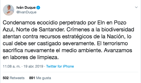 Tuit del Presidente Duque sobre Pozo Azul.