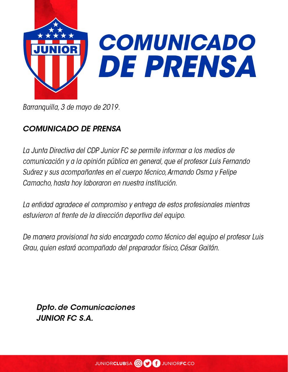 Comunicado Junior. 