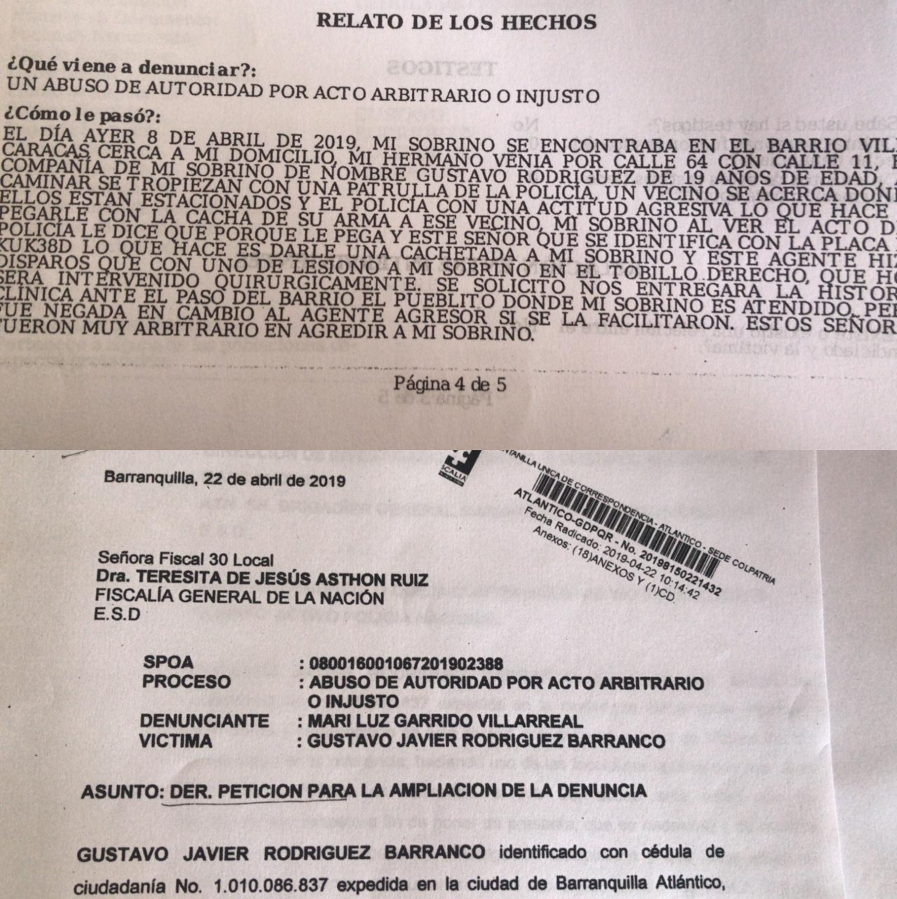 La denuncia del soldado Gustavo Javier Rodríguez Barranco.