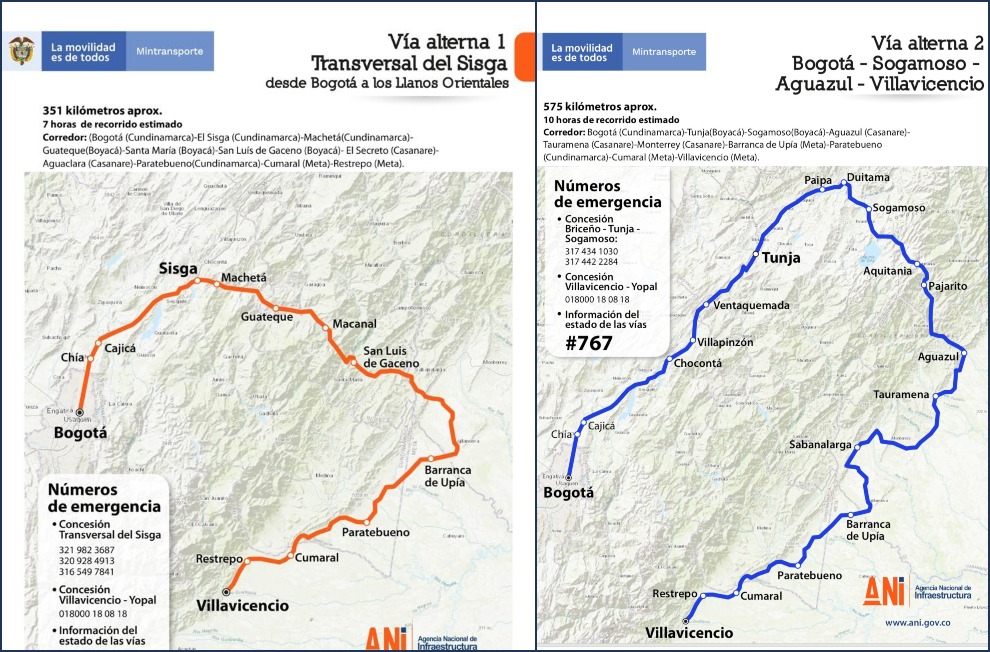 Estas son las dos vías alternas habilitadas por el cierre de la vía al llano.