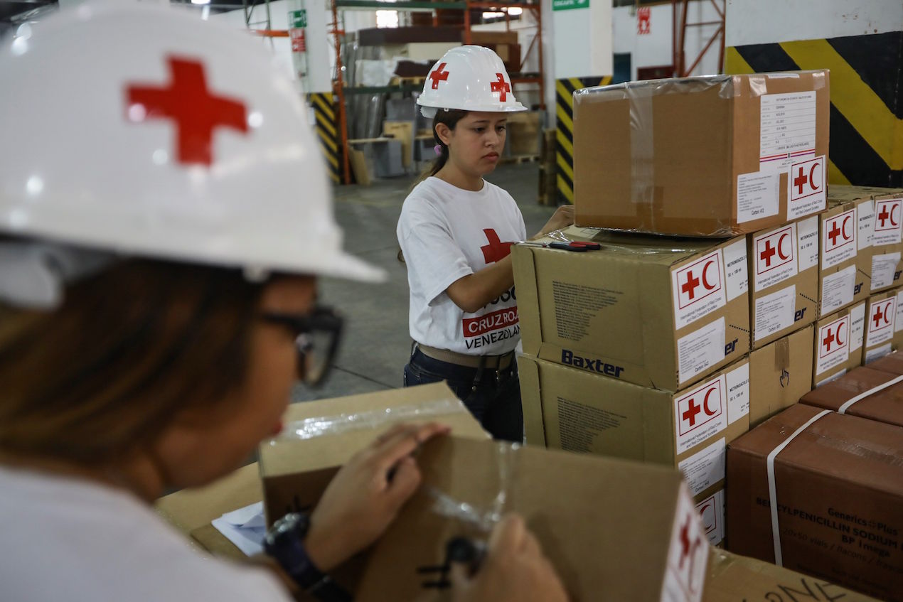 Parte de la ayuda humanitaria para Venezuela en Los Ruices, Caracas (Venezuela).