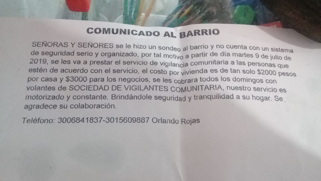 Aparente panfleto que promete seguridad