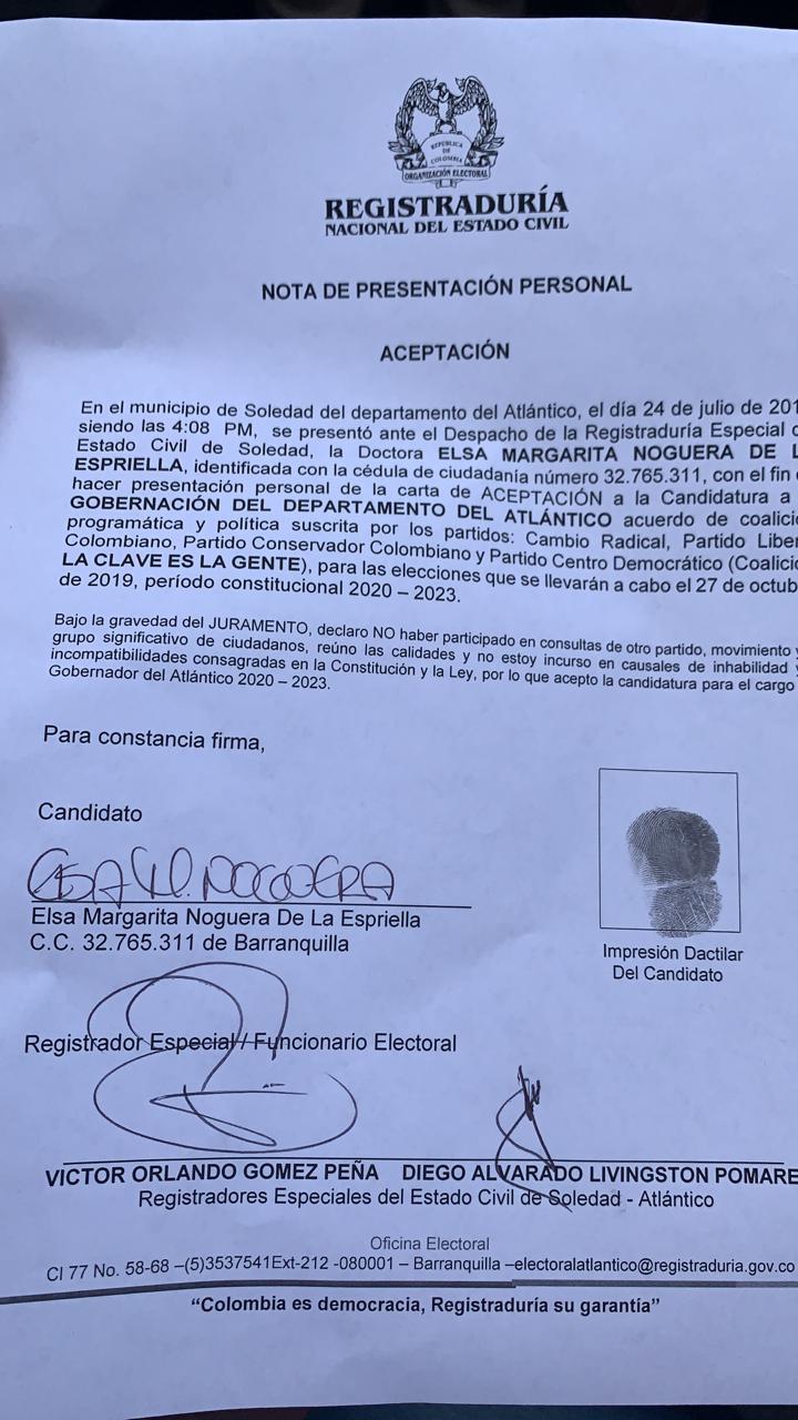 Carta de aceptación a la candidatura a la Gobernación del departamento del Atlántico 