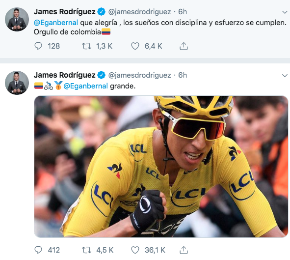 James Rodríguez felicitando a Egan Bernal.