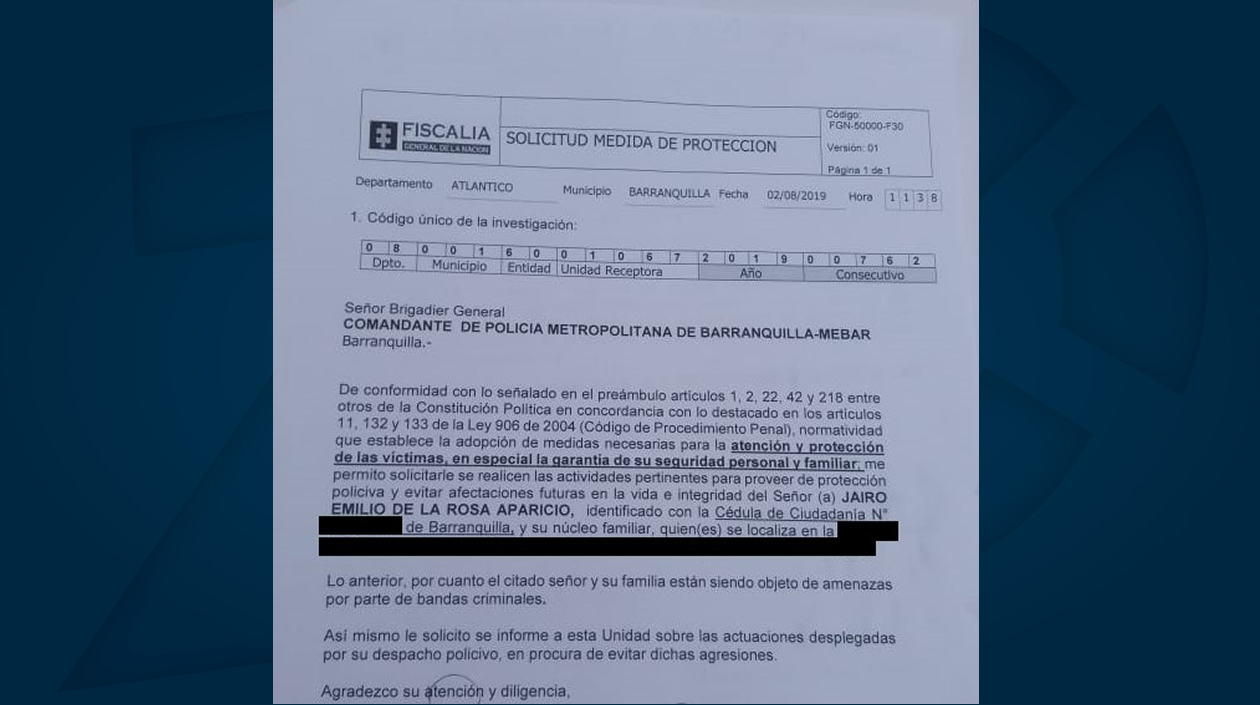 Solicitud de medida de protección para el padre del adolescente asesinado.