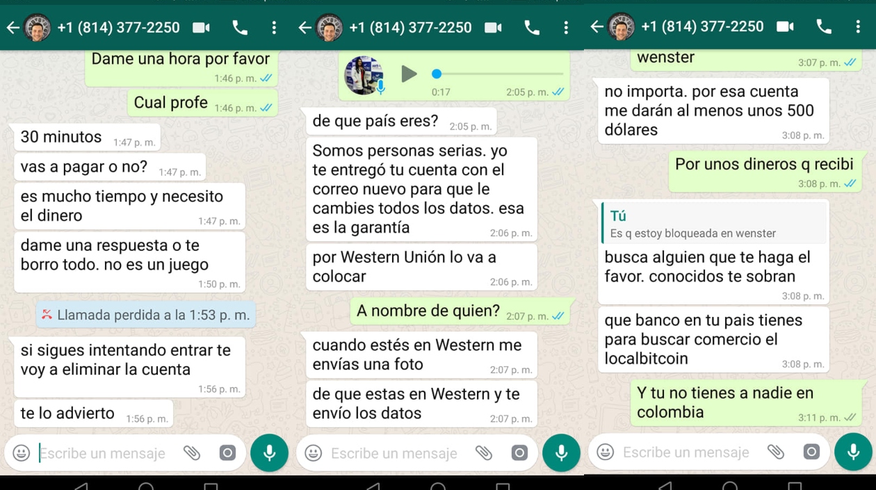 Los mensajes de que recibió en su Whastapp, por parte del delincuente,