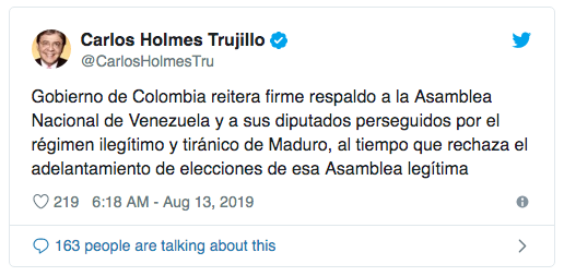 Tuit de este martes del Canciller Carlos Trujillo.