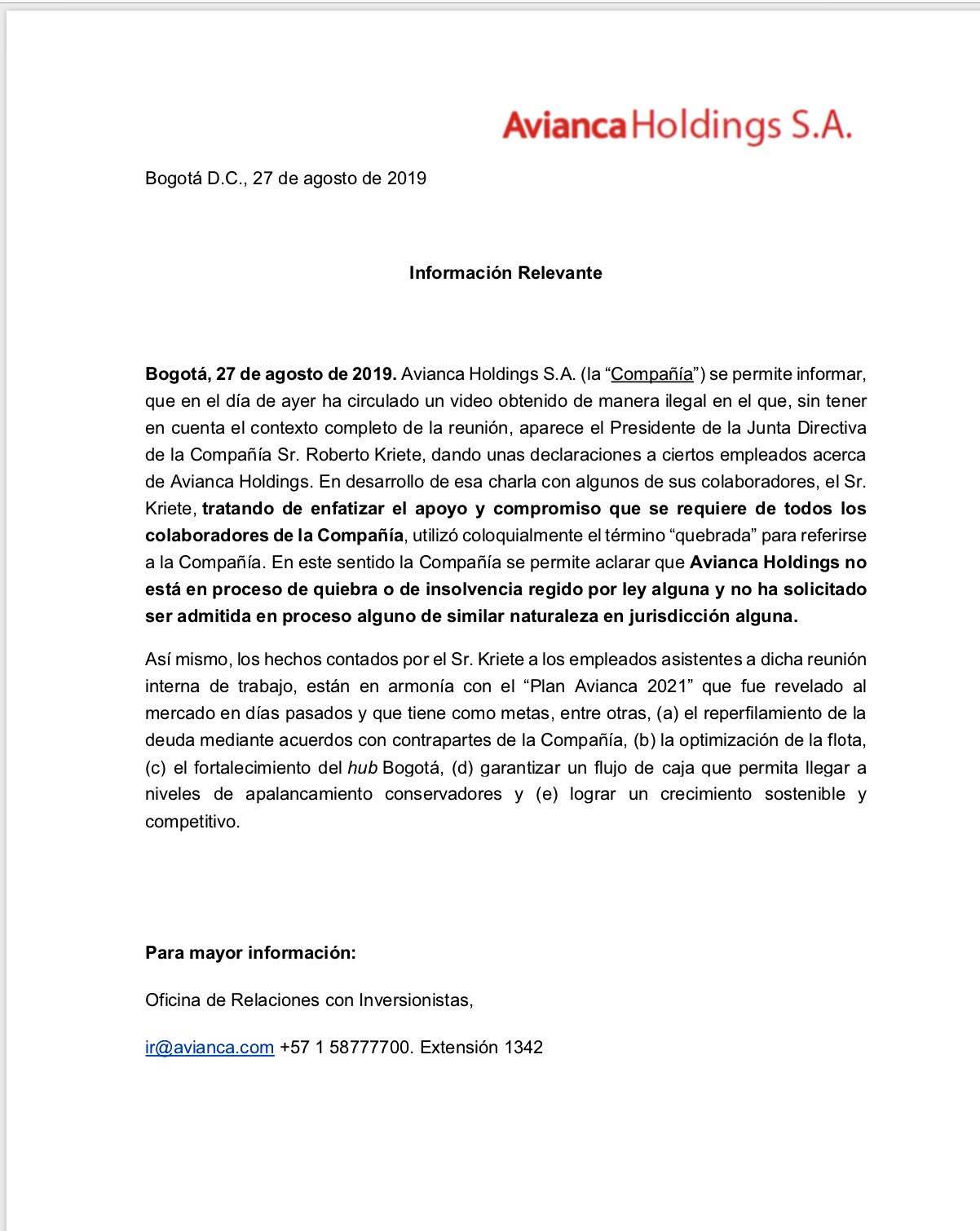 Comunicado de Avianca.