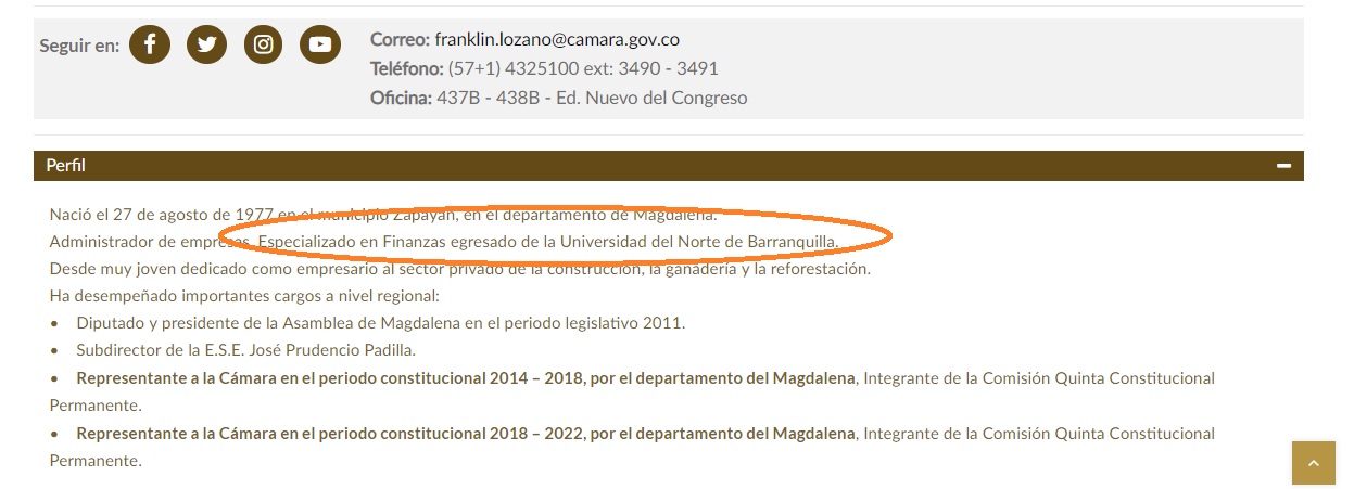 La página de la Cámara de Representantes  reporta los estudios posgrado de Franklin Lozano como si los hubiera terminado.