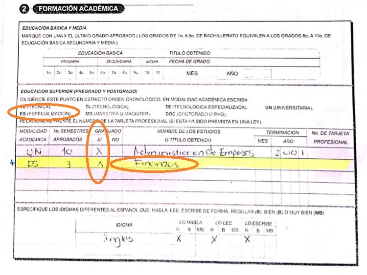 FORMATO DE HOJA DE VIDA ÚNICO DILIGENCIADO POR EL CONGRESISTA EN EL QUE DICE QUE SÍ SE GRADUÓ DE POSGRADO EN FINANZAS.