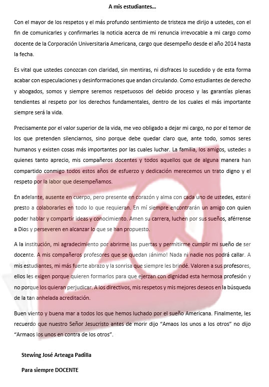 La carta que le dedicó el docente Stewing José Arteaga Padilla a sus exestudiantes.