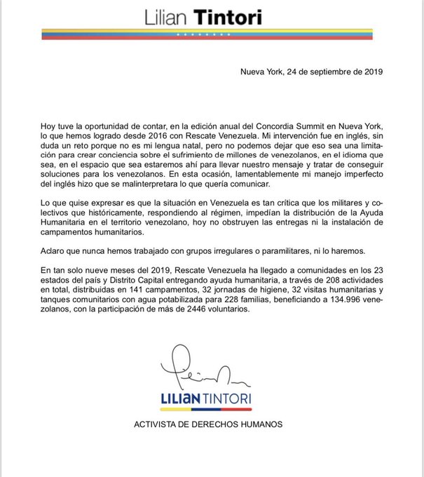 Comunicado de Lilian Tintori.