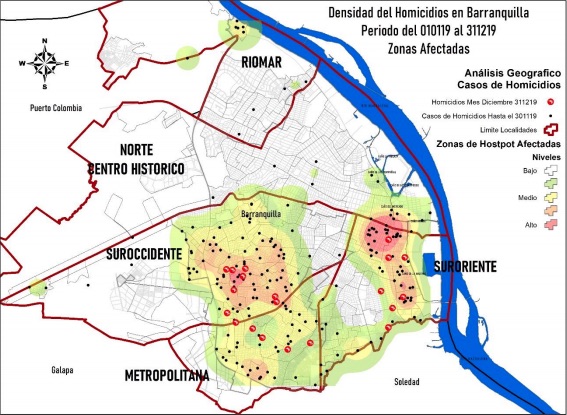 El mapa de homicidios en Barranquilla en 2019.