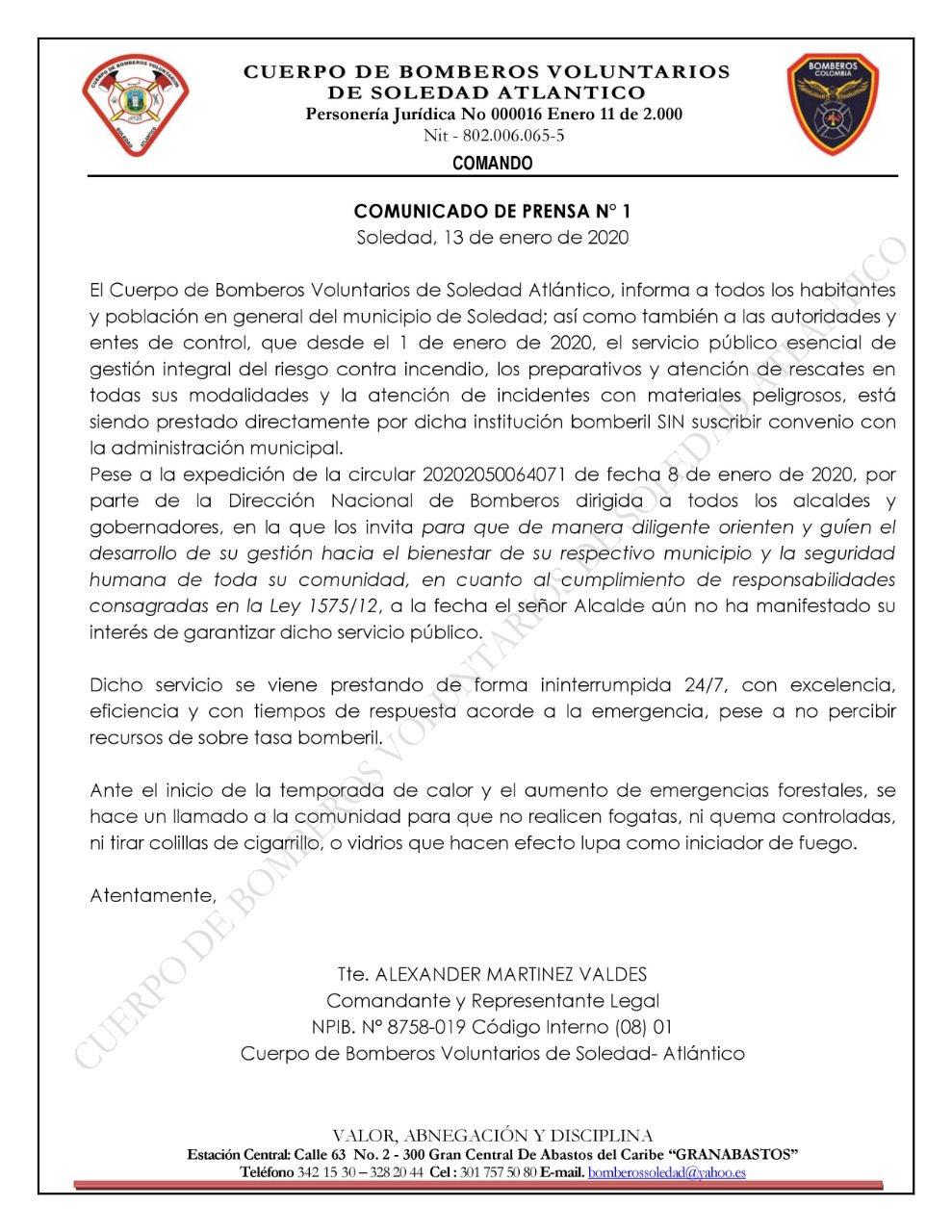 Este es el comunicado de prensa dado a conocer por el Cuerpo de Bomberos Voluntarios de Soledad.