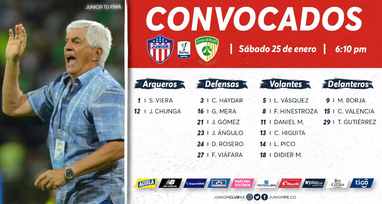 Los convocados para el partido de este sábado frente la Equidad.