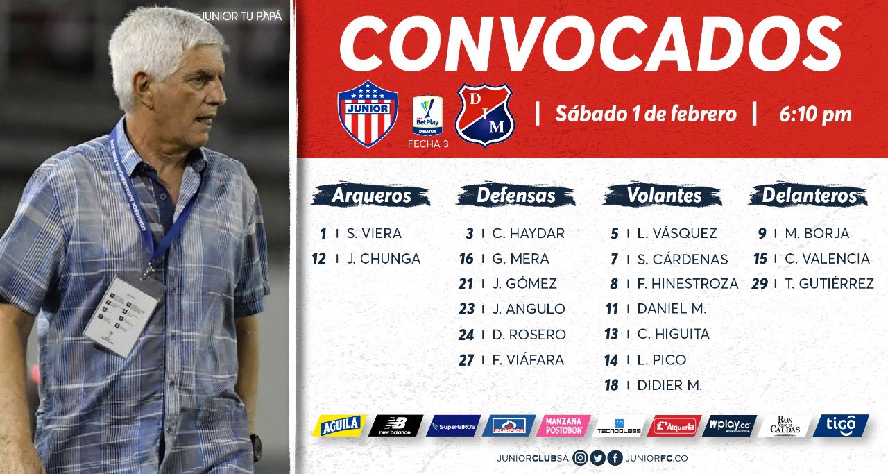 Convocados de Junior para el duelo ante el DIM. 