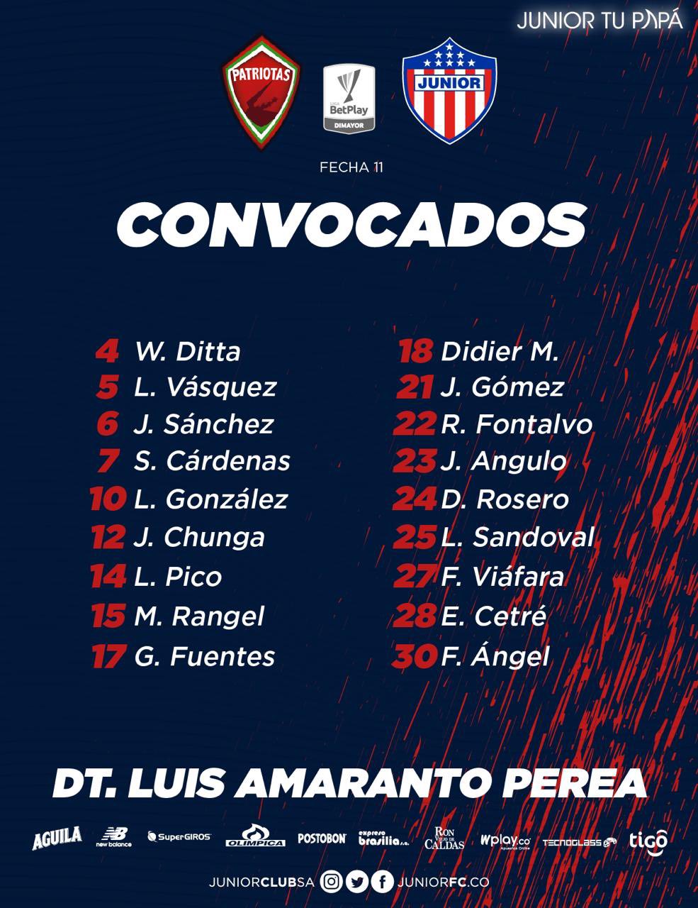 Convocados de Junior para el duelo ante Patriotas. 