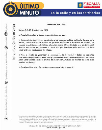 Comunicado de Fiscalía sobre Álvaro Gómez.