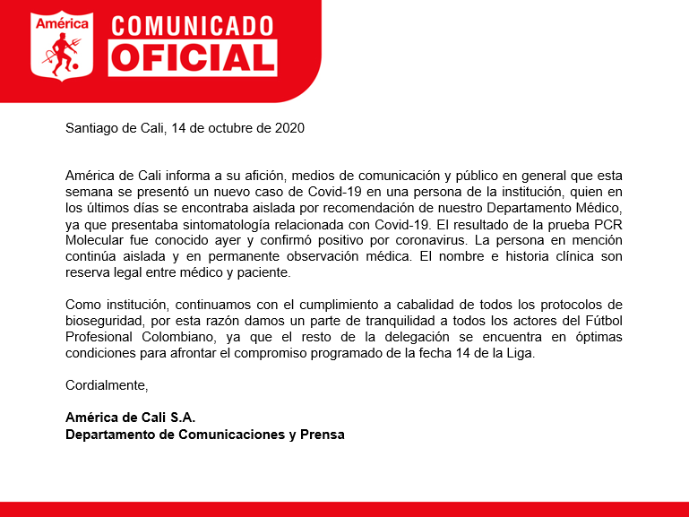 Comunicado del América de Cali. 