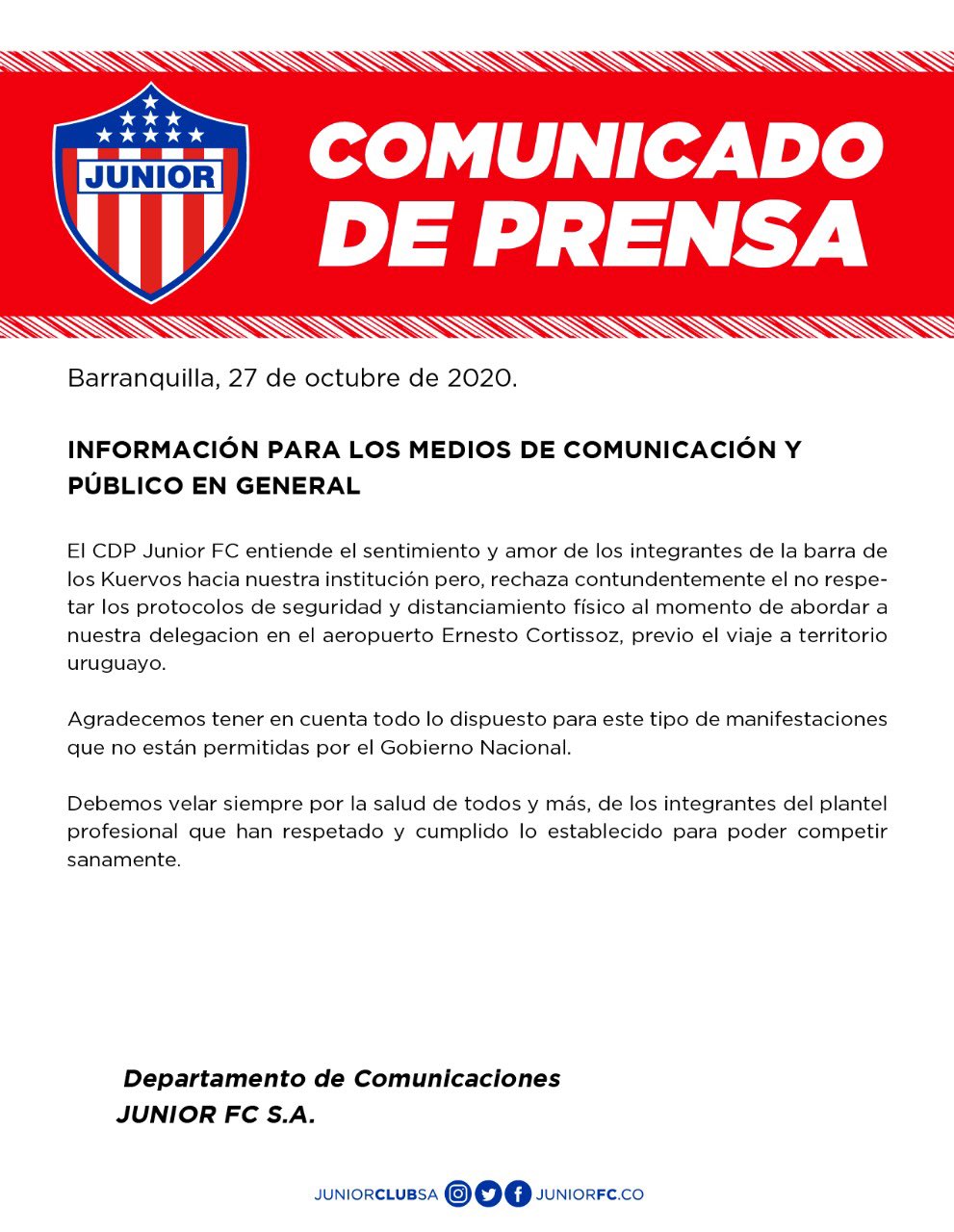 Comunicado de Junior. 