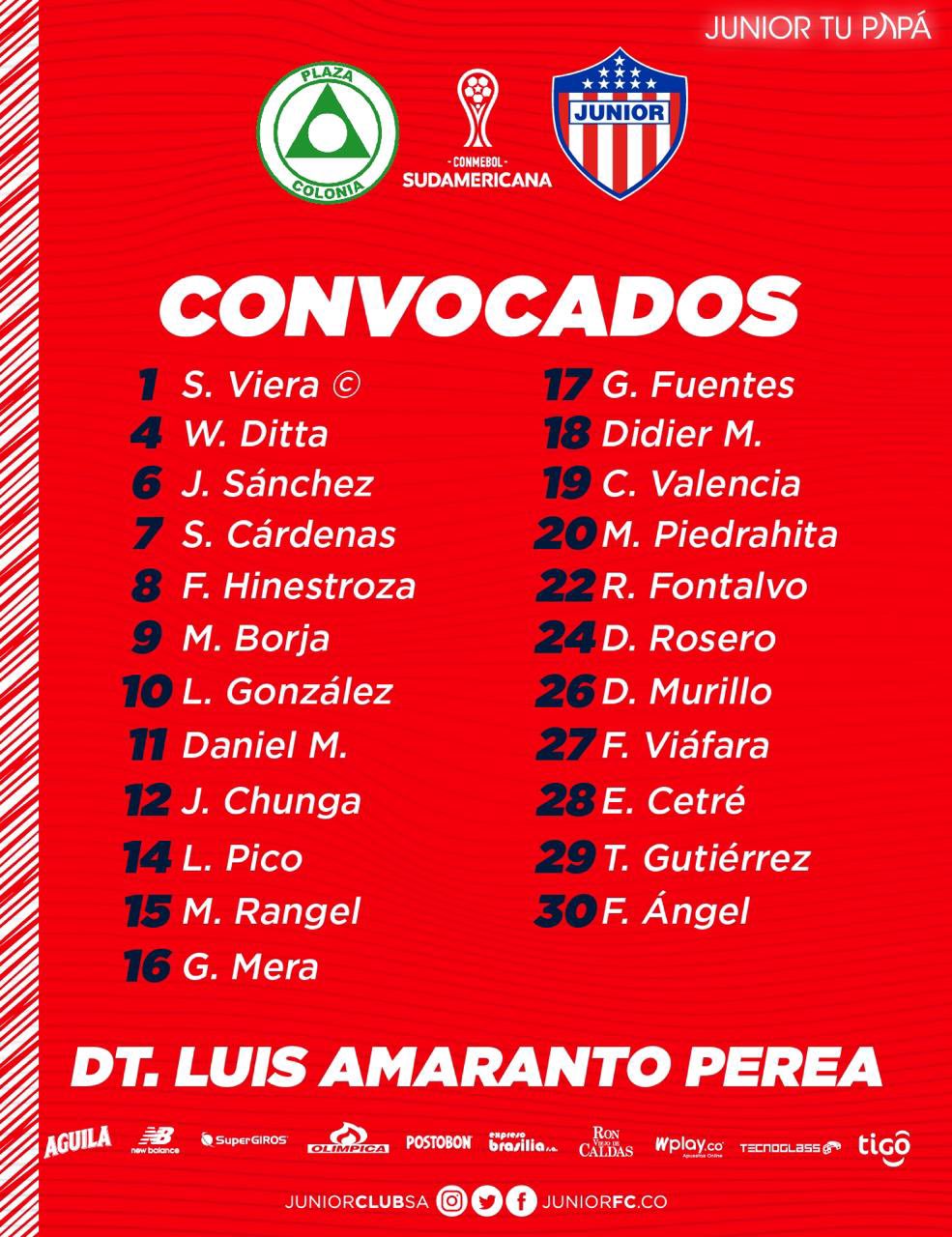 Convocados por Junior para el duelo con Plaza Colonia. 