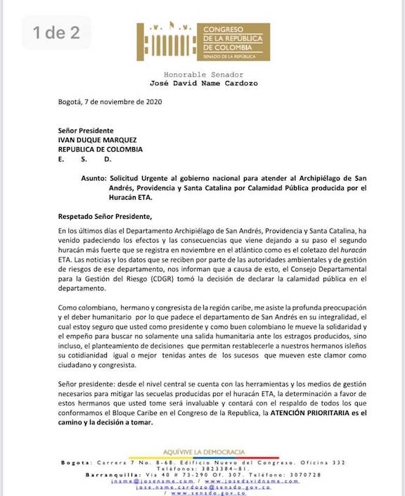 La carta al Presidente de la República.