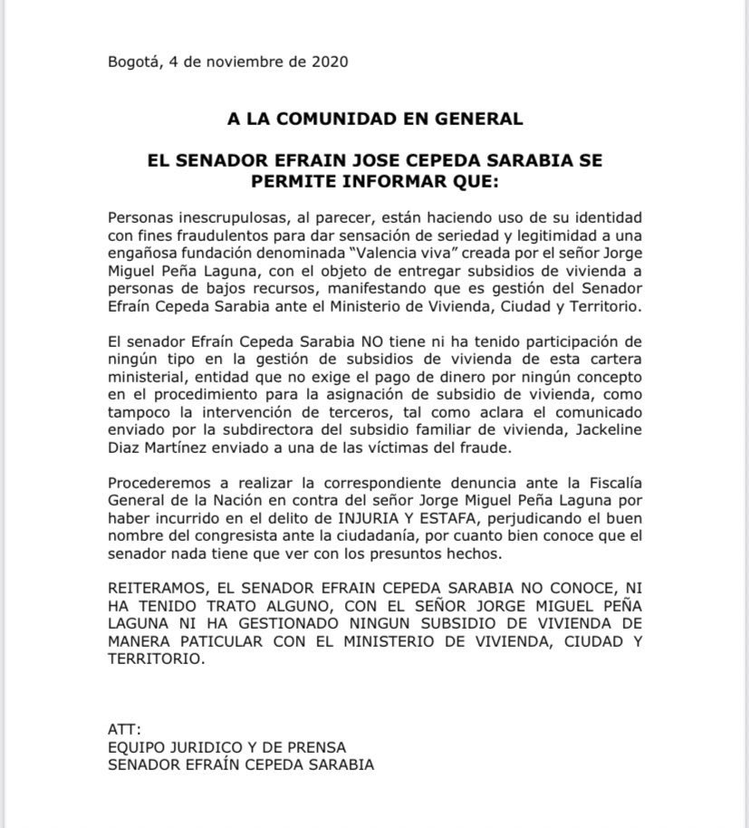 Efraín Cepeda Comunicado a la opinión pública del equipo jurídico del senador Efraín Cepeda.