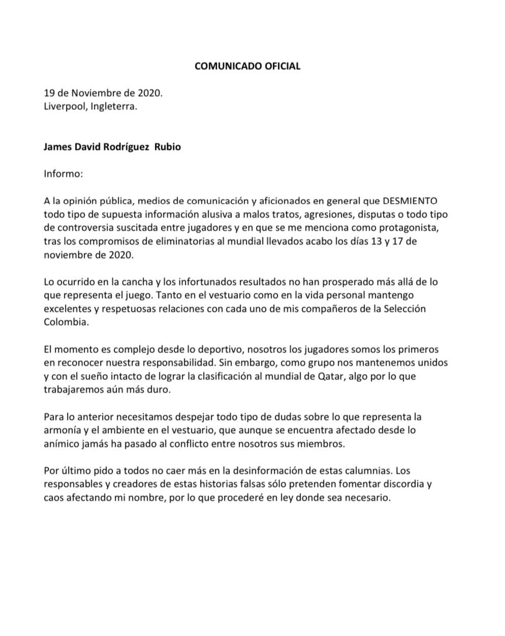 Comunicado James Rodríguez. 