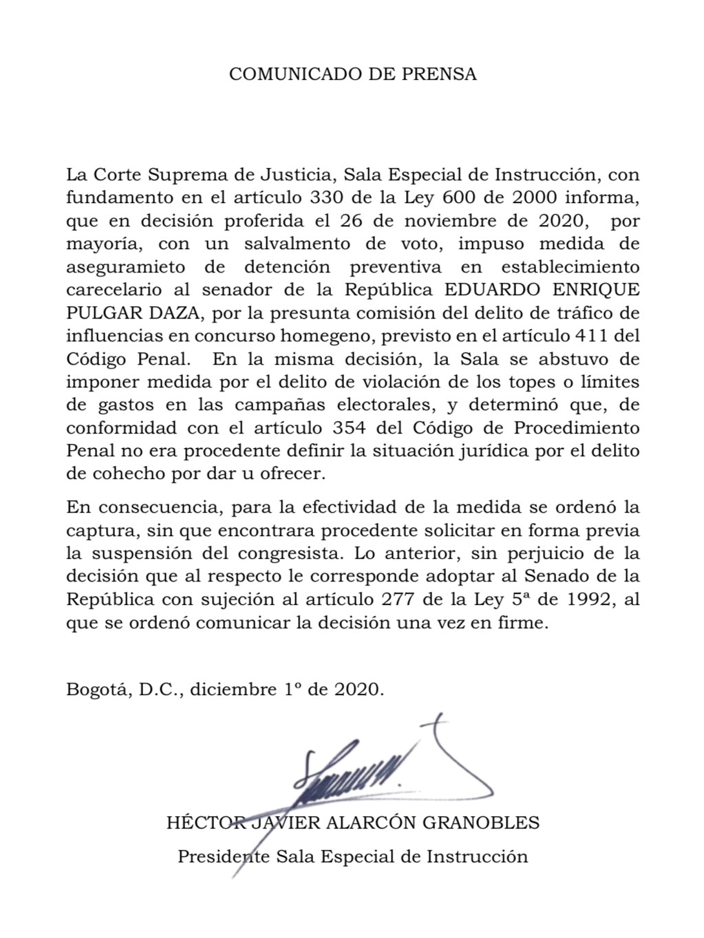 El comunicado de la Corte Suprema de Justicia.