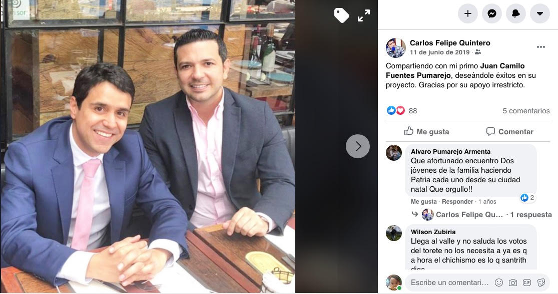 Redes Sociales Carlos Felipe Quintero en una publicación con Juan Camilo Fuentes