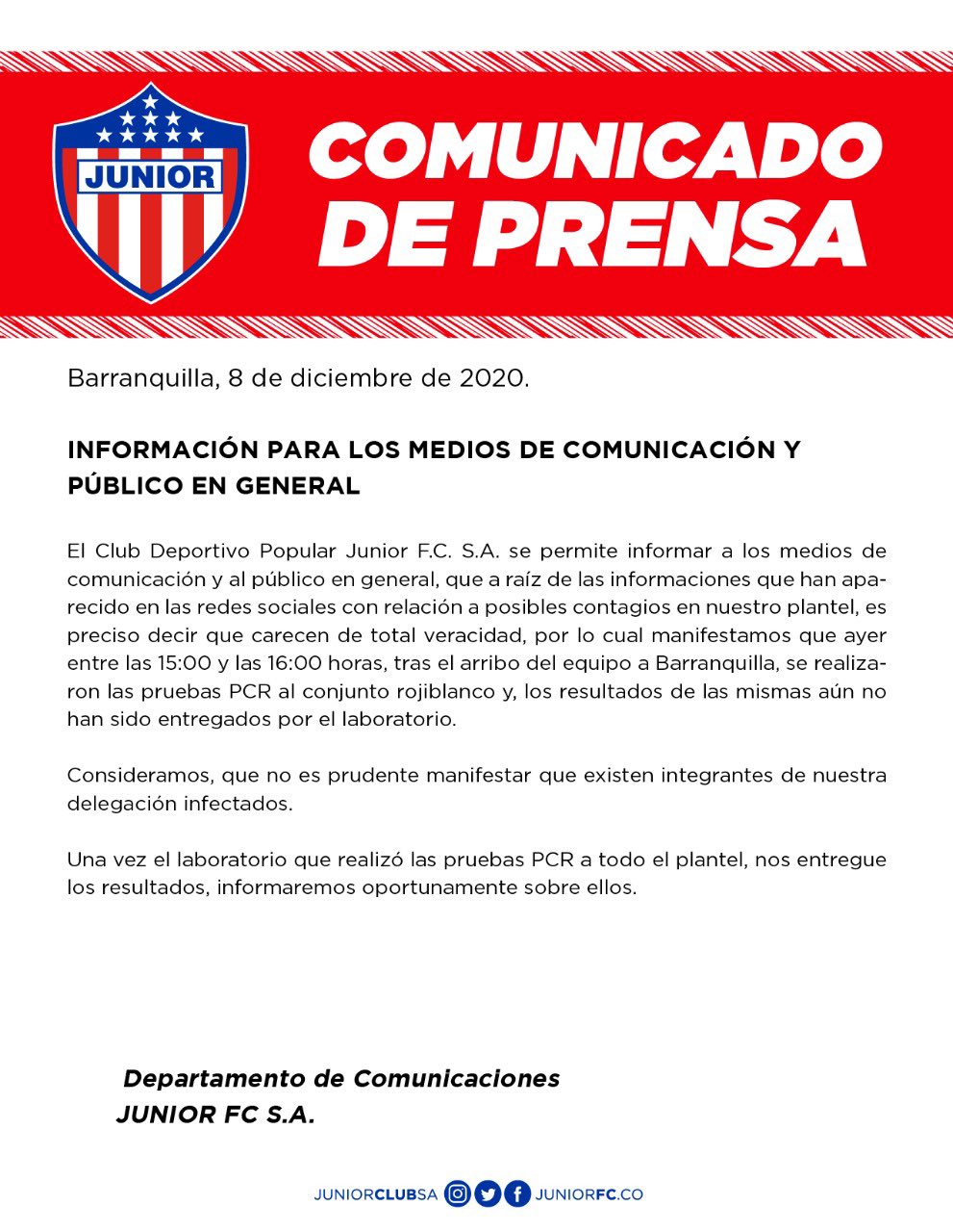 Comunicado de Junior. 