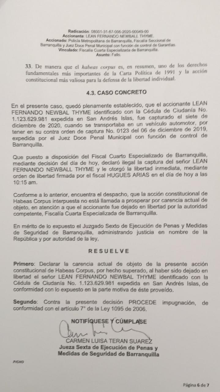 Cortesía. Este es el Habeas Corpus resuelto por Juzgado Sexto de Ejecución de Penas y Medidas de Seguridad de Barranquilla.