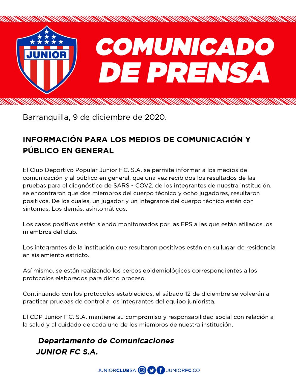 Comunicado de Junior. 